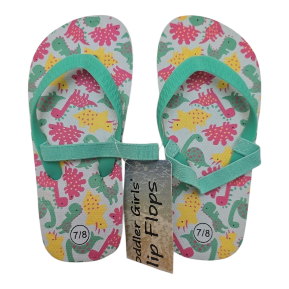2pk New Toddler Girl's Flip Flops Rainbow & Dinosaur Strap Sandals Shoes 7 / 8 - Picture 2 of 6